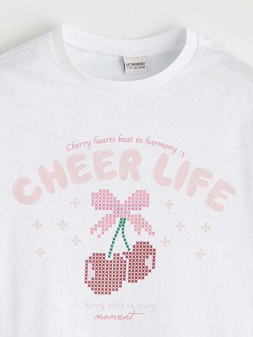 Bisiklet Yaka K?sa Kollu Bask?l? K?z ?ocuk Ti??rt