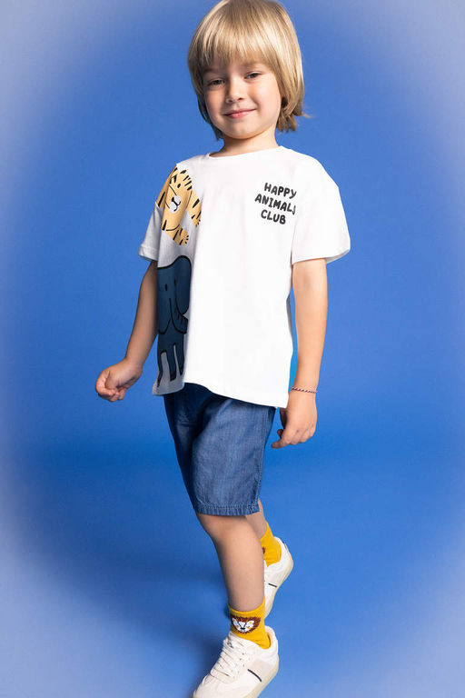 Футболка с короткими рукавами и круглым вырезом для маленьких мальчиков с животным рисунком - Defacto фото 2