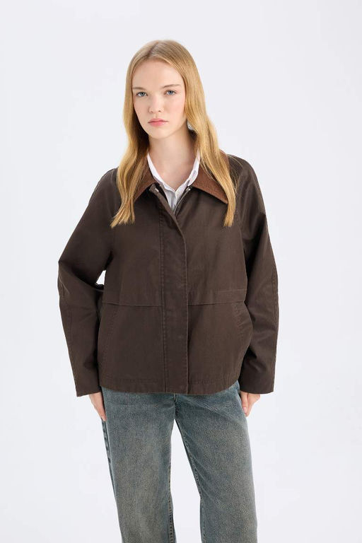 Классический покрой, воротник-поло, карманы на кнопках, вощеная бархатная сезонная тонкая куртка, пальто - Defacto фото 5