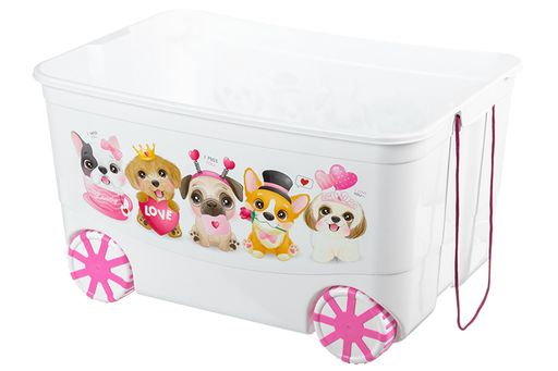 Ящик для игрушек 55 л 61*41*33 см KidsBox Милые щенки белый с розовой крышкой, на колёсах - Elan gallery фото 3