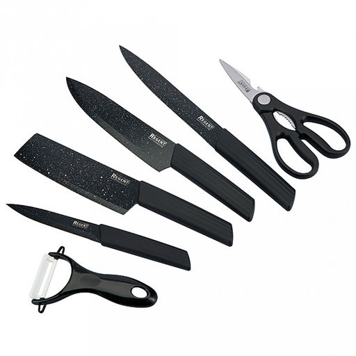Набор ножей Linea Notte 6 предметов, ножи из нержавеющей стали с двухсторонней заточкой, ножницы и овощечистка с керамическим лезвием, ручки из полипропилена с термопластичной резиной, черный, в цветной коробке, Regent (Китай)