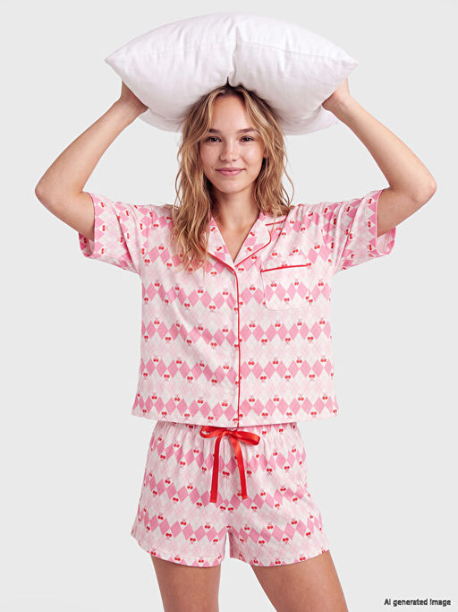 Desenli Kad?n ?ortlu Pijama Tak?m?