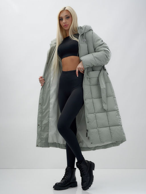 Пальто утепленное стеганное зимнее с капюшоном женское зеленого цвета 9609Z - Mtforce фото 6