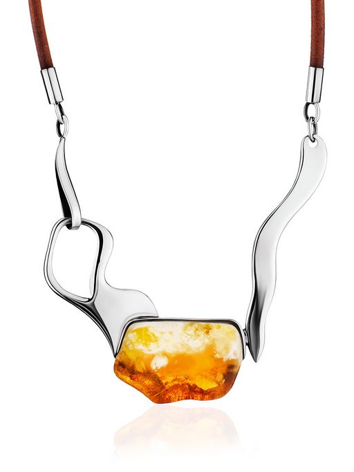 Необычное серебряное колье с текстурным янтарём