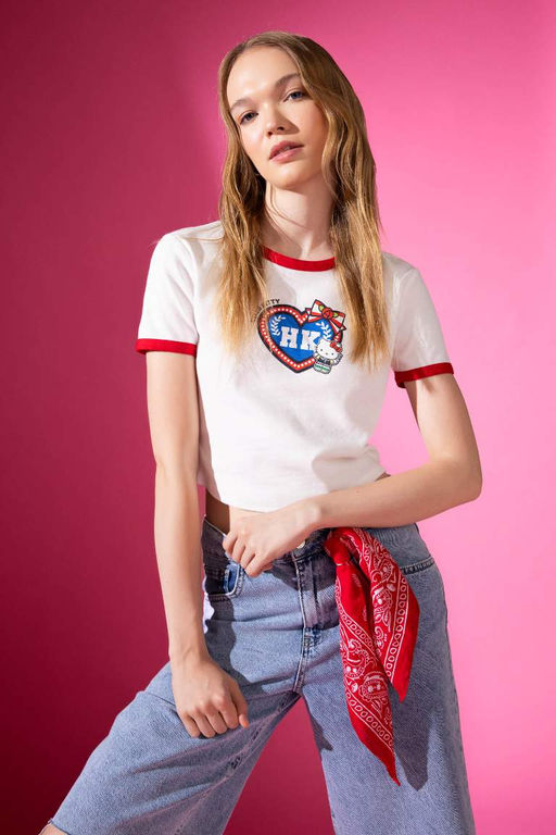 Облегающая футболка Cool Hello Kitty в рубчик с круглым вырезом и короткими рукавами - Defacto фото 3