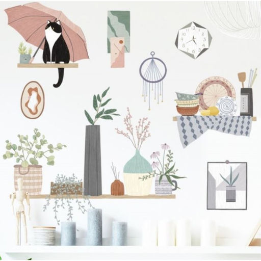 Наклейка интерьерная цветная «Кошка на полочке под зонтом», пластик, 45×60 см