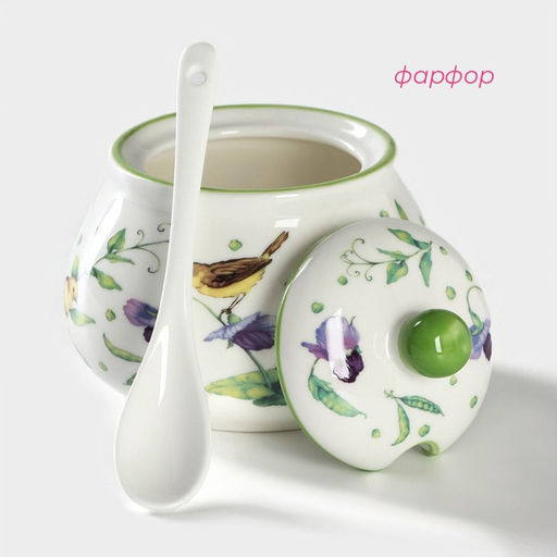 Сахарница с ложкой Доляна «Зелёный сад», 320 мл, 10×9 см, фарфор