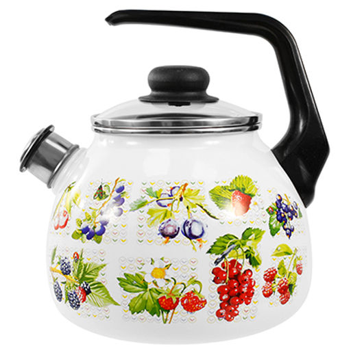 "Вкус лета" Чайник эмалированный 3л, д20см, h16см, со свистком, сферическая форма, стеклянная крышка, пластмассовая фиксированная ручка, белый (Россия)