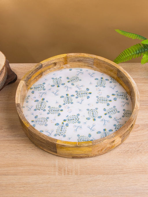Поднос круглый с бортиками «Черепаха и цветы», 35×35×6.5 см, дерево манго