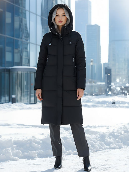 Пальто утепленное стеганное зимнее с капюшоном женское черного цвета 9636_1Ch - Mtforce фото 24