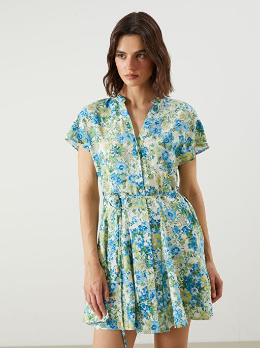 Ka??k Yaka ?i?ekli Pileli Elbise