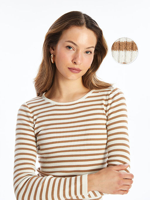 Bisiklet Yaka ?izgili Uzun Kollu Kad?n Triko Kazak