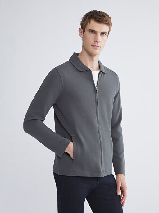 Standart Kal?p Polo Yaka Erkek Fermuarl? Sweatshirt