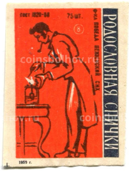 Этикетка спичечная Родословная спички №8 фабрика Победа