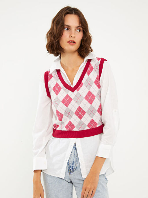 V Yaka Baklava Desenli Kad?n Triko S?veter