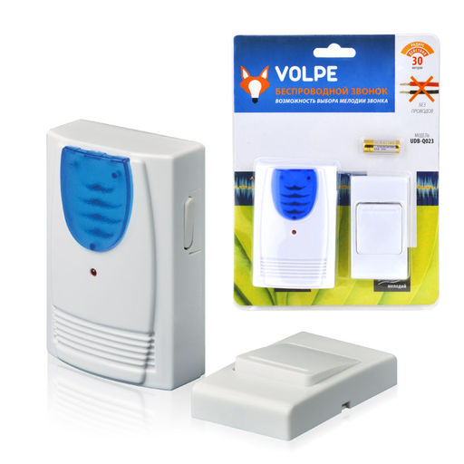 Звонок беспроводной ТМ Volpe UDB-Q023 W-R1T1-16S-30M-WH 36 мелодий. Световая индикация. Радиус действия 30 метров. Блистерная упаковка. Цвет-белый