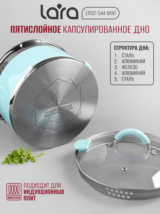 Кастрюля (нерж) MINT 24x13см, 5.7л, носик, индукционное дно, крышка с бортом LR02-544 /LARA/  фото 5