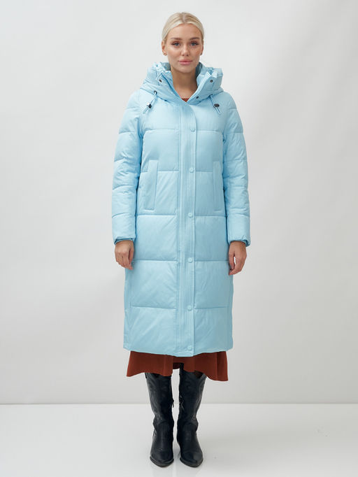 Пальто утепленное стеганное зимнее с капюшоном женское голубого цвета 9601Gl