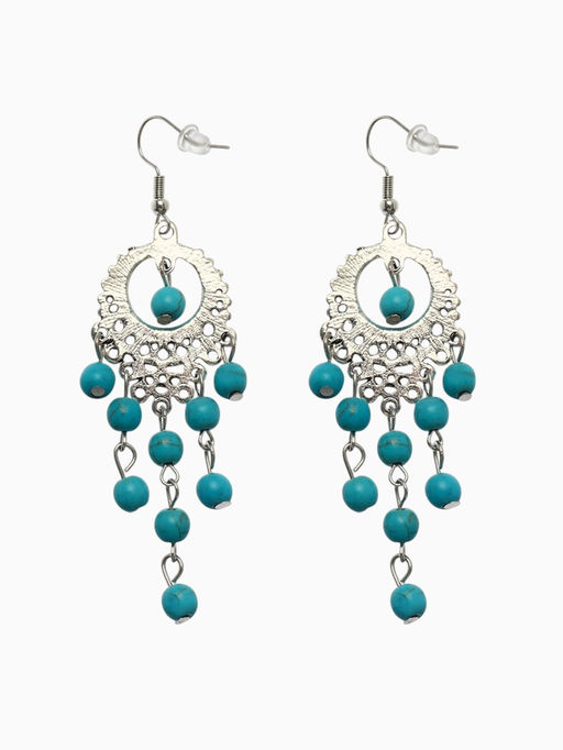 Серьги Бирюзовый мир круг и 5 дорожек бусинок, голубые в чернёном серебре