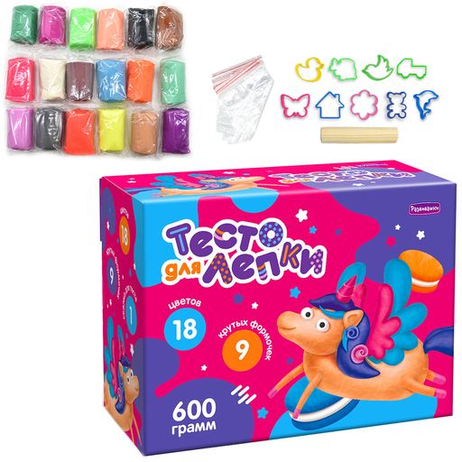 Развивашки.П118 Тесто для лепки в коробке 600 гр, 12 цветов, 9 форм, скалка, /20