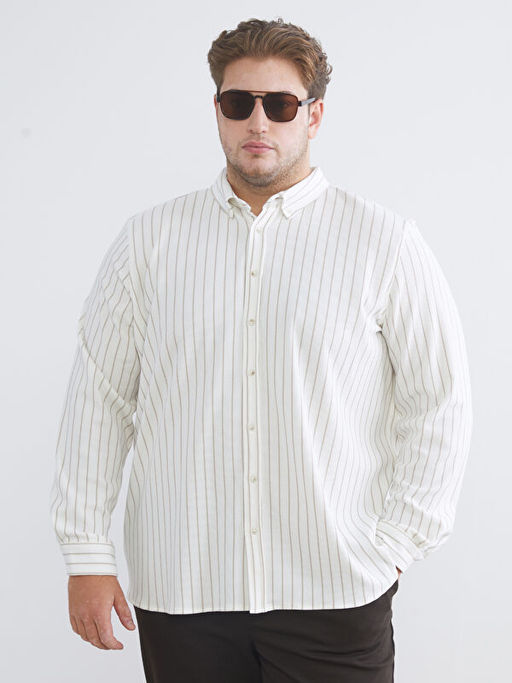 B?y?k Beden Slim Fit Uzun Kollu ?izgili Erkek G?mlek