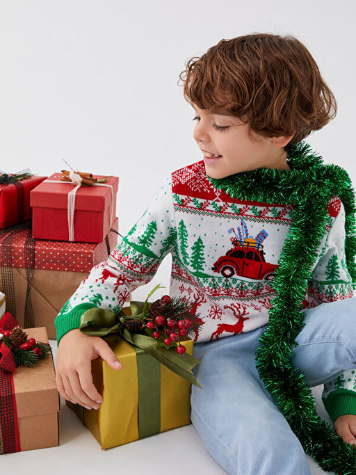 Bisiklet Yaka Y?lba?? Temal? Uzun Kollu Erkek ?ocuk Triko Kazak