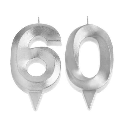 Свеча в торт юбилейная «Грань» (набор 2 в 1), цифра 60, серебряный металлик, 6.5 см