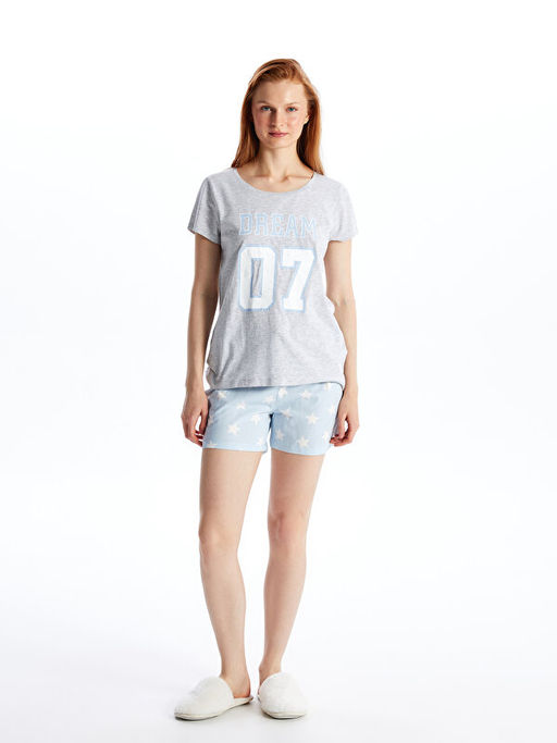 Bisiklet Yaka Bask?l? K?sa Kollu Kad?n ?ortlu Pijama Tak?m?