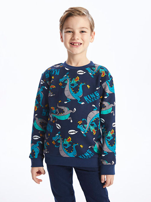 Bisiklet Yaka Bask?l? Uzun Kollu Erkek ?ocuk Sweatshirt