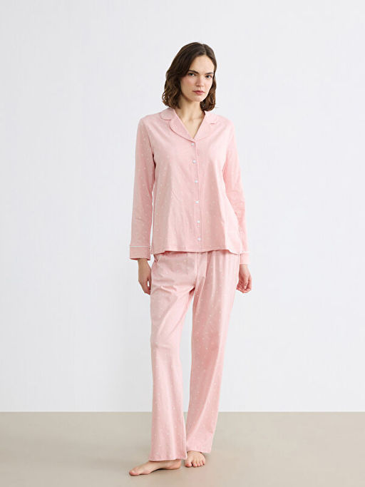 G?mlek Yaka Kalp Bask?l? Kad?n Pijama Tak?m?