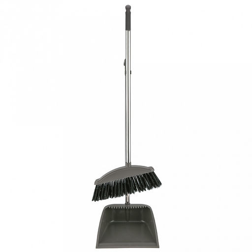 Комплект пластмассовый: совок 23,5х23х8,5см, рукоятка 59см, съемная, металл окрашенный + сметка 3х25см, рукоятка 63см, съемная, металл окрашенный, ворс 7,5см, "Практик", серый (Китай)