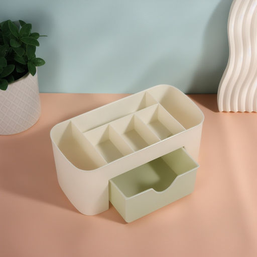Органайзер для хранения косметики, 6 секций, с ящиком, 21×10.5×9 см, бежевый, зелёный