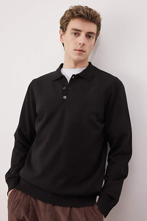 Siyah Regular Polo Yaka D_z Kazak TMNAW24KZ00067 - Trendyolmilla фото 2