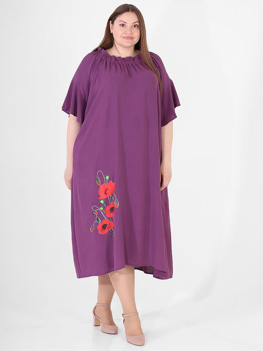 Платье расклешенное длинное летнее фиолетовое с маками - Almond фото 3