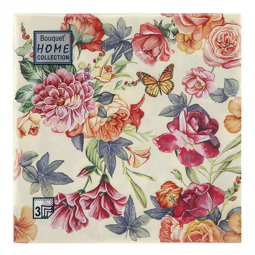 Салфетки бумажные Bouquet Home Collection Classic 33х33см, 3-х слойные, 20 штук в упаковке, 100% целлюлоза, Красивые цветы. Кремовый фон (Россия)  фото 2
