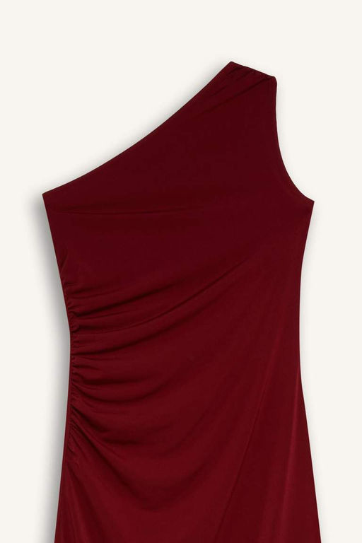 Bodycon Облегающее базовое прямое бордовое красное платье миди на одно плечо - Defacto фото 7