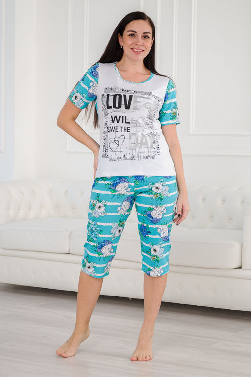 Пижама женская домашний из футболки и бридж LOVE маки на ментоле - Амадэль фото 4
