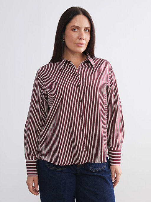 B?y?k Beden ?izgili Oversize Poplin Kad?n G?mlek