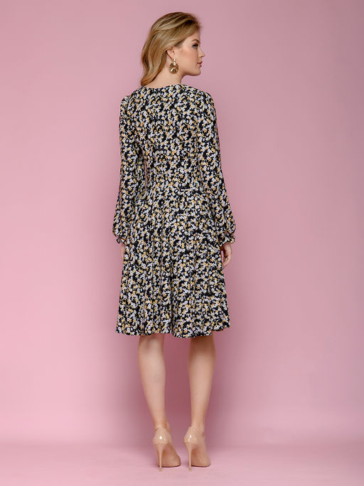 Платье черное с цветочным принтом и длинными рукавами - 1001dress фото 3