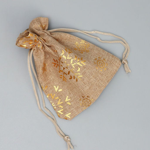 Цена за 5 шт. Мешочек подарочный холща «Золотые снежинки», тиснение, 10 х 12 см +/- 1.5 см