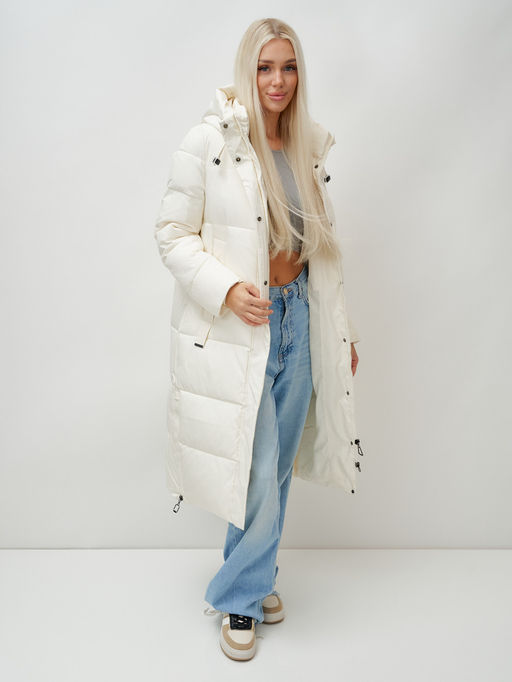 Пальто утепленное стеганное зимнее с капюшоном женское бежевого цвета 9608B