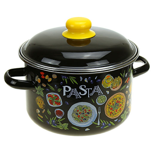 "Pasta" Кастрюля эмалированная 4л, д22см, h13см, цилиндрическая форма, металлическая крышка, ободок из нержавеющей стали, черный (Россия)