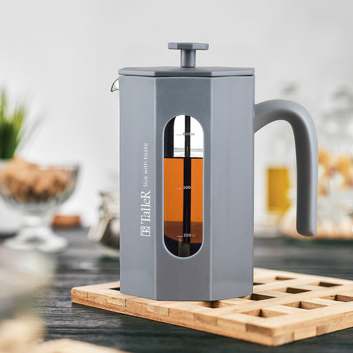 Френч-пресс пластмассовый корпус 800мл, колба из жаропрочного боросиликатного стекла, пресс-фильтр из нержавеющей стали, серый, цветная коробка, "TalleR" (Китай)