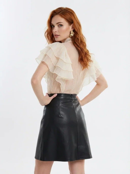 Юбка короткая из эко-кожи с молниями OD-1004-1, коричневый