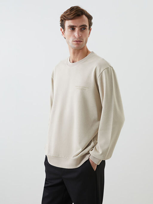 Bisiklet Yaka Uzun Kollu Bask?l? Erkek Sweatshirt