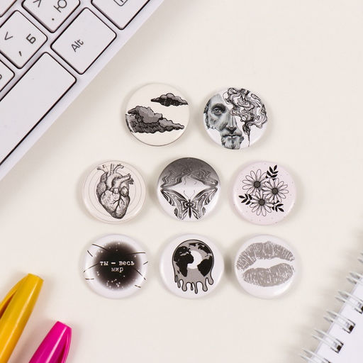 Набор значков на одежду, рюкзак, сумку Белые, 8 шт., d=25 мм, закатные, 16.5?17 см