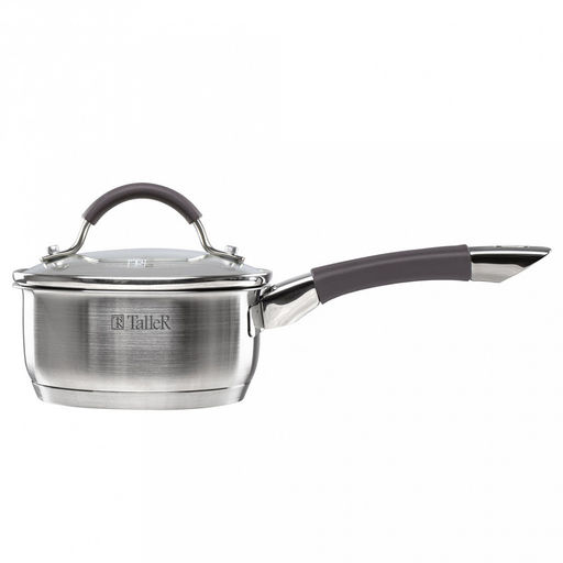 Ковш из нержавеющей стали Lira 0,9л, д14см, h6,8см, s0,5мм, дно д12см, s4мм, стеклянная жаропрочная крышка, стальной обод, пароотвод, силиконовые вставки коричневого цвета, капсулированное дно, полировка внешняя - матовая, внутренняя - матовая, мер