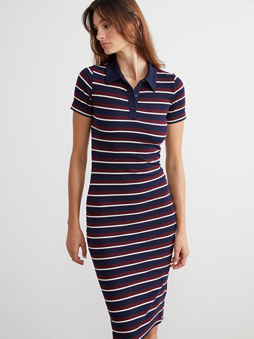 G?mlek Yaka ?izgili Bodycon Elbise