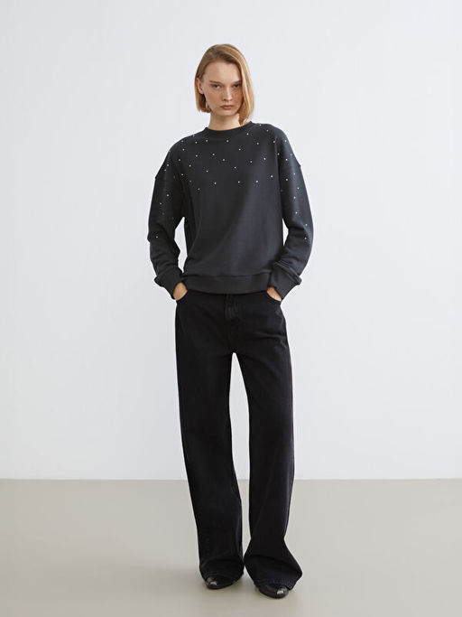 Bisiklet Yaka Ta?l? Oversize Kad?n Sweatshirt