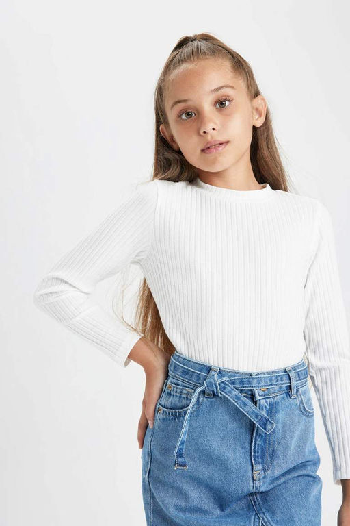 Облегающая футболка в рубчик с длинными рукавами для девочек - Defacto фото 6